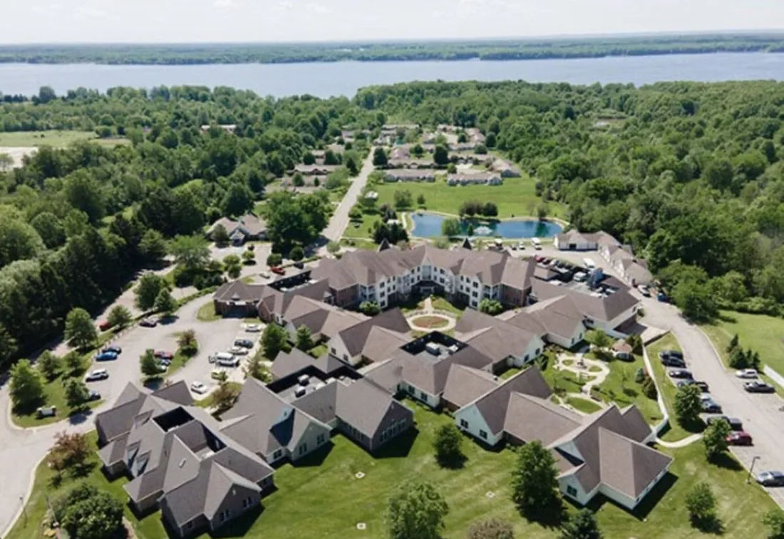 Exterior drone view of the Lake Vista senior living campus
